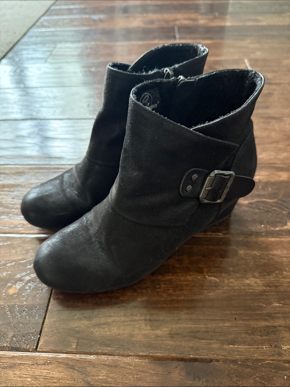 Women's Black Suede-Look Ankle Booties with Buckle Accent